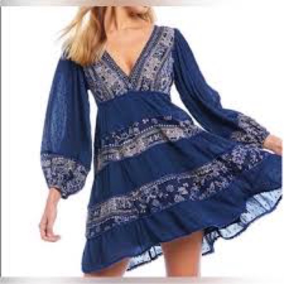 Free People My Love Mini Dress Indigo Navy Embroidered Pom Pom Medium - Picture 6 of 7